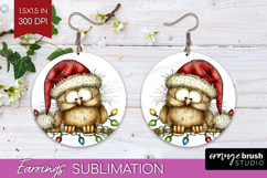 Owl Tangled In Christmas Lights Round Earrings Funny Xmas Product Image 1