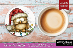 Owl Tangled In Christmas Lights Round Coaster Funny Xmas PNG Product Image 1