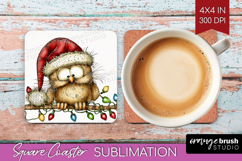 Owl Tangled In Christmas Lights Square Coaster Funny Xmas Product Image 1