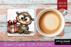 Owl Valentine Square Coaster Whimsical Animal Coaster PNG Product Image 1