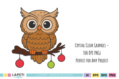 Cute owl sitting on branch with hanging ornaments, woodland Christmas animal illustration