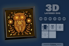 Cute Owl Folk Art Layered Papercut 3D Shadow Box Product Image 3