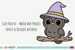 Cute owl wearing a witch hat sitting on a branch, Halloween animal clipart in kawaii style.