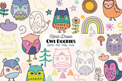 Hand-Drawn Colored Owls | Bird, Sun, Rainbow, Moon, Flower Product Image 1