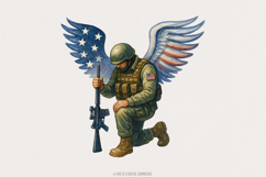 American Soldier Angel Man Praying PNG, USA Flag, Patriotic Product Image 1