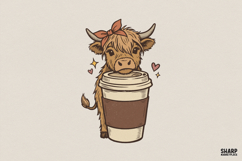 Highland Cow Coffee PNG, Cute Boho Cow Digital Design, Product Image 1