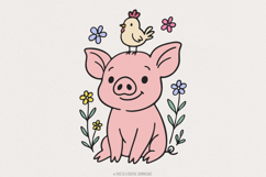 Adorable Pig and Chick PNG, Funny Vintage Farm Clipart, Product Image 1