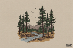 Pine Forest And River Valley With Mountains Nature Scene Product Image 1