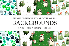 4 Grumpy Green Cat Seamless Patterns, Xmas Digital Paper PNG Product Image 1