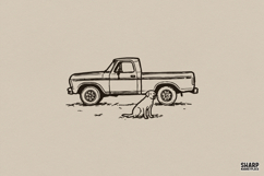 Vintage Pickup With Dog, Summer Western Trendy Line Art, Product Image 1