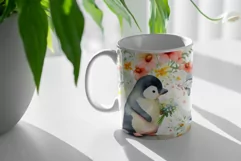 Watercolor Penguin, pink floral Mug Sublimation Designs JPG Product Image 3