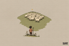 Lone Shepherd Facing A Hill Of Sheep, Christian PNG Art For Product Image 1