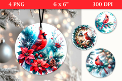 4 Christmas Cardinal Round Ornaments, Xmas Sublimation PNG Product Image 1