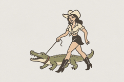 Cowgirl Walking Alligator PNG, Retro Western Shirt Design, Product Image 1