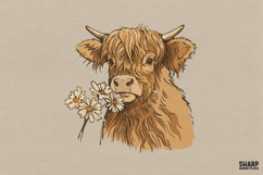Floral Highland Cow Portrait With Daisies, Highland Cow Product Image 1