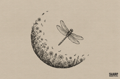 A Cottagecore Floral Crescent Moon and Dragonfly Graphic Product Image 1