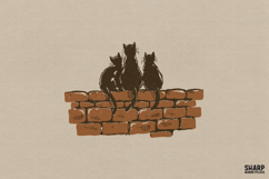 Three Black Cats Sitting On A Brick Wall Feline Silhouette Product Image 1