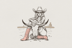 Cowgirl And Longhorn Skull PNG, Western Desert Art, Country Product Image 1