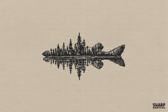 Forest Fish Silhouette With Mountain Lake Reflection PNG, Product Image 1