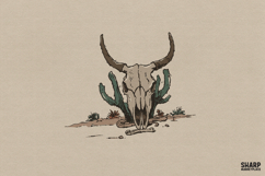 Desert Longhorn Skull With Cactus PNG, Western PNG Product Image 1