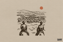 Vintage Cattle Drive Riders At Sunset Ranch Scene, PNG Product Image 1