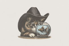 Cowboy Cat PNG, Cute Cat and Fishbowl PNG, Vintage Animal Product Image 1