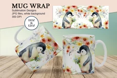 Watercolor Penguin, pink floral Mug Sublimation Designs JPG Product Image 1