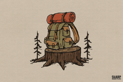 Rustic Camping Backpack On Forest Stump, Summer Png, Trendy Product Image 1