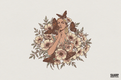 Boho Woman Floral Butterfly PNG Design, Hand Drawn Product Image 1