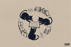 Black Cats Reading Around Open Book, Bookmark PNG Art For Product Image 1
