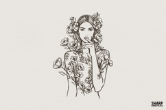 Floral Woman Line Art PNG, Botanical Female Illustration Product Image 1