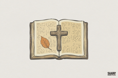 Open Bible PNG With Cross And Autumn Leaf, Religious Product Image 1