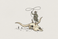 Cowboy Skeleton on Longhorn Skull PNG, Western Art, Vintage Product Image 1