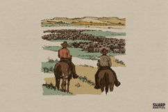 Two Cowboys Herding Cattle Scene, Western PNG Designs And Product Image 1