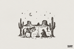 Western Desert Cowboy PNG, Campfire Scene, Vintage Horse Product Image 1