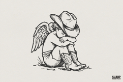 Cowboy Angel PNG, Western Cherub Clipart, Sad Angel Art for Product Image 1