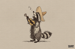 Sombrero Raccoon Playing Guitar, Western PNG Art For Trendy Product Image 1