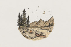 Camping Canoe Scene PNG, Mountain River Adventure Clipart, Product Image 1