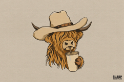 Coffee Drinking Highland Cow In Cowboy Hat, Western PNG For Product Image 1