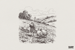 Shepherd with Sheep PNG Design, Vintage Farm Animal Product Image 1