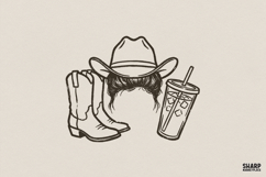 Western Cowgirl PNG Design, Messy Bun Hat Boots Graphic, Product Image 1