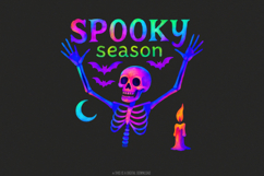 Spooky Season Skeleton PNG, Neon Halloween Bones, Bat Moon Product Image 1