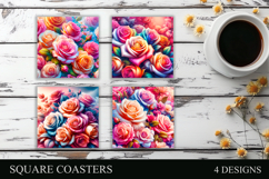 Colorful Roses, Floral Square Coasters, 4 Designs PNG Product Image 1