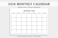 2026 Monthly Printable Calendar PDF Files Product Image 1