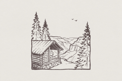 Rustic Cabin PNG, Mountain Landscape Art Print, Nature Product Image 1