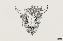 Boho Cow Skull PNG, Sunflower Western Skull Design, Floral Product Image 1