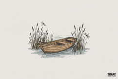 Rowboat PNG, Rustic Lake Scene, Vintage Boat Drawing for Product Image 1