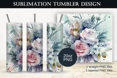 Watercolor Pink Roses Tumbler Sublimation Design, PNG 20oz Product Image 1