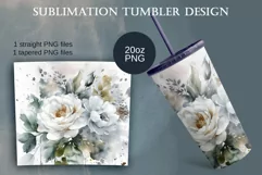 Watercolor White Roses Flowers Tumbler Sublimation Design Product Image 2