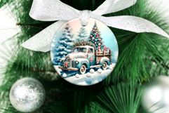 4 Vintage Christmas Truck Round Ornaments, Xmas Sublimation Product Image 2